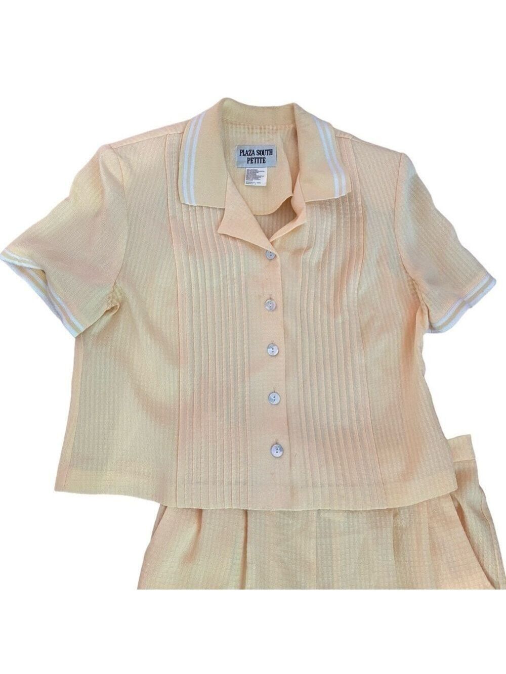 90s 2 PC SUNSHINE YELLOW TEXTURED FABRIC CROPPED POLO TOP & PANT PLAZA SOUTH 12P - Picture 5 of 15